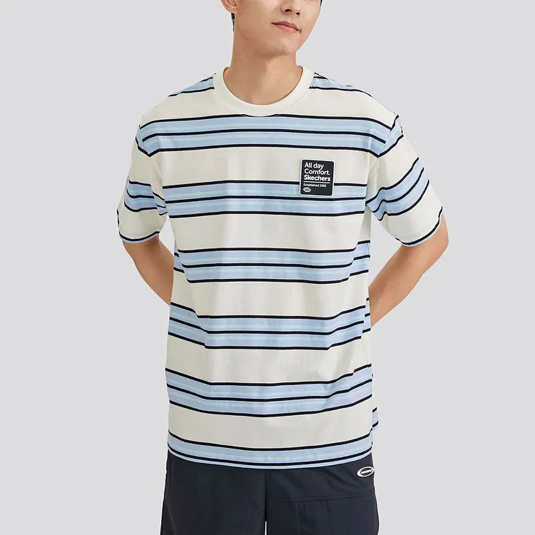 Skechers T Shirt Unisex White Base Blue Mixed Stripes-2