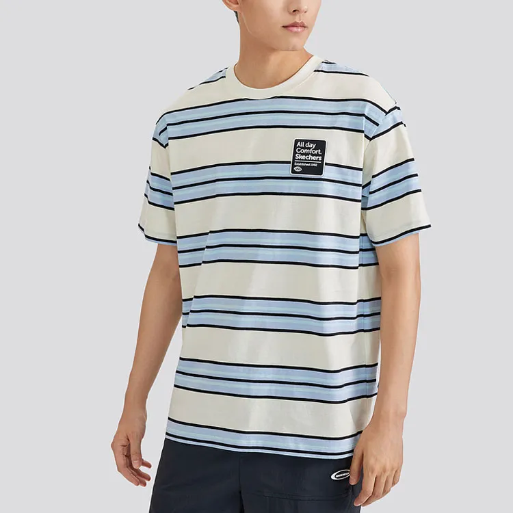Skechers T Shirt Unisex White Base Blue Mixed Stripes-3
