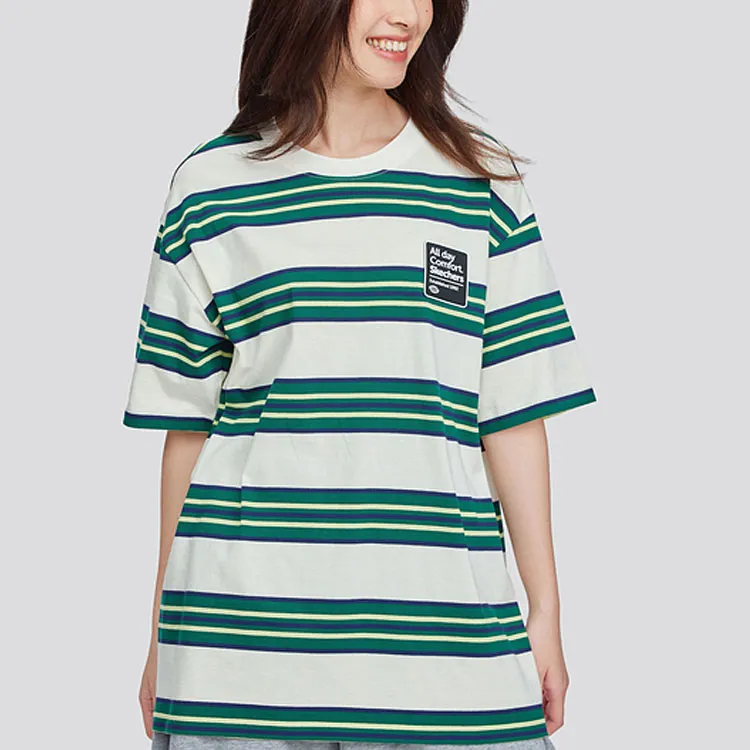 Skechers SS24 T Shirt Unisex White Base With Green Mixed Stripes-2