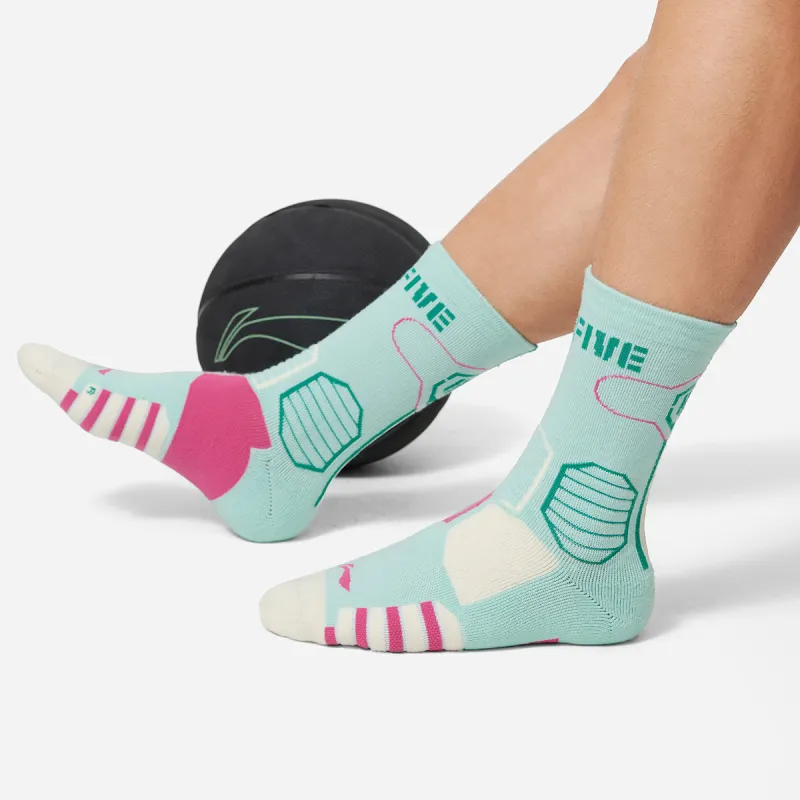 LiNing Badfive Basketball Socks Unisex 1 Pack Cool Green/Ecru/Vibrant Pink-4