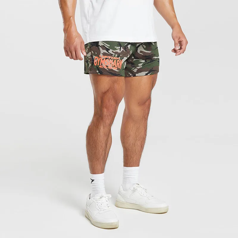 GYMSHARK LIFTING CLUB PRINTED MESH 5' SHORTS Casual Shorts Men's Olive Green-2