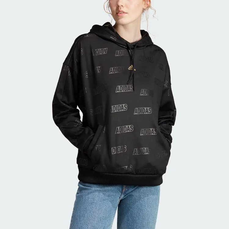Adidas Embossed Monogram Fleece Hoodie Sweatshirt Women's Black-1