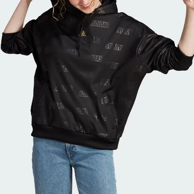 Adidas Embossed Monogram Fleece Hoodie Sweatshirt Women's Black-4