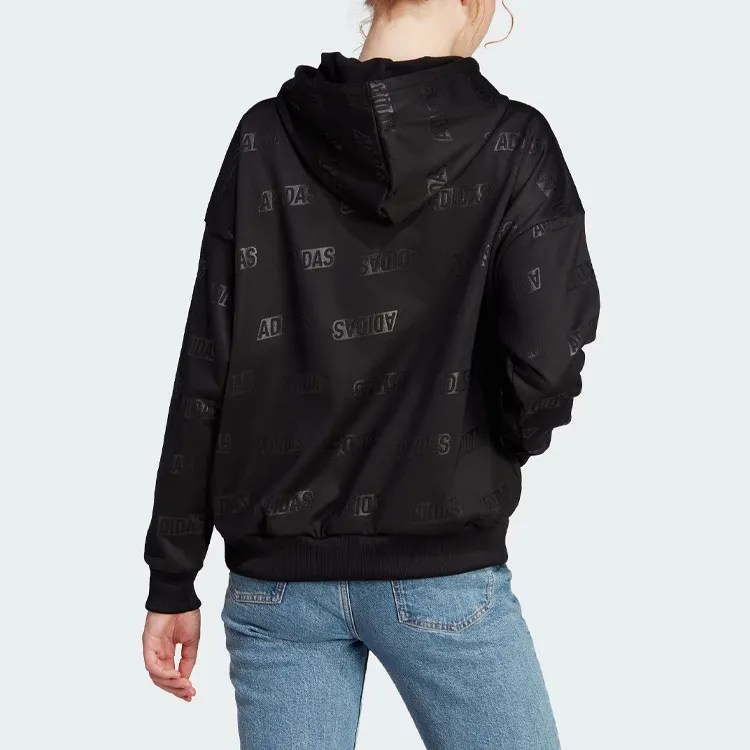 Adidas Embossed Monogram Fleece Hoodie Sweatshirt Women's Black-2