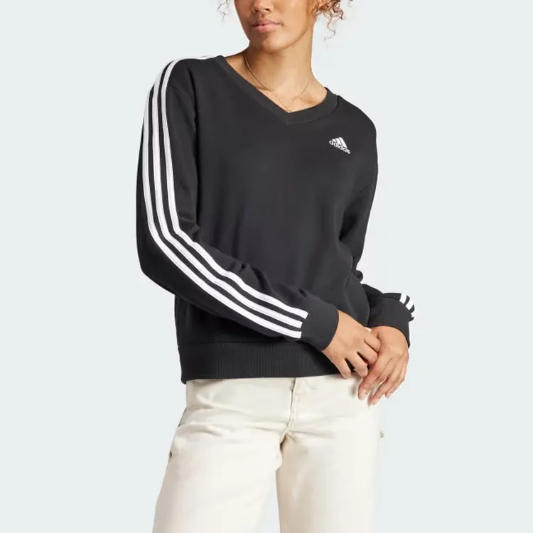 adidas Women's Essentials 3-Stripes V-Neck Sweatshirt Black-1