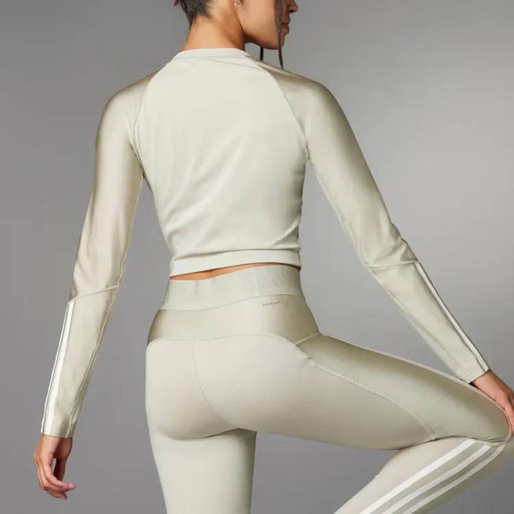 Adidas Hyperglam Shine Training Crop Long-Sleeve Top T-Shirt Women's Beige-2