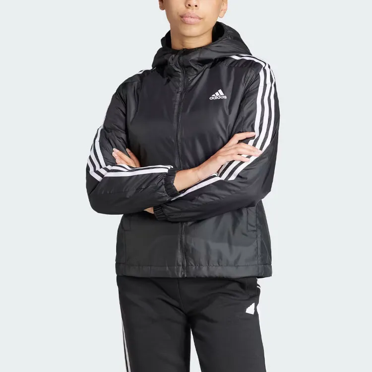 Adidas Essentials 3-Stripes Insulated Hooded Jacket Jackets Coats Women's Black-1