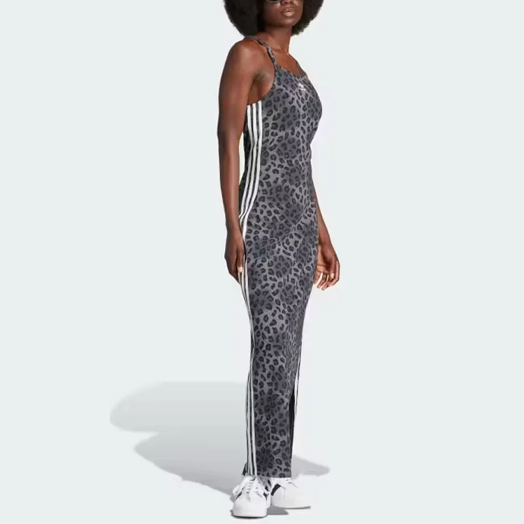 Adidas Originals Leopard Luxe 3-Stripes Maxi Dress Slip Dresses Women's Black-3