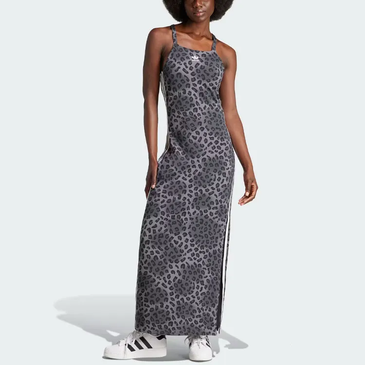 Adidas Originals Leopard Luxe 3-Stripes Maxi Dress Slip Dresses Women's Black-1