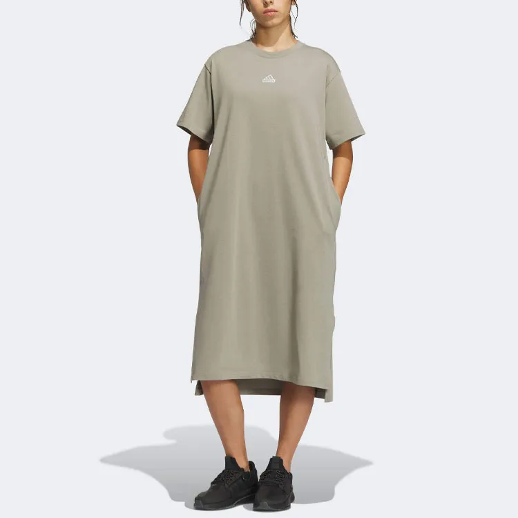 Adidas Wording Short Sleeved Dress Women's Green-1