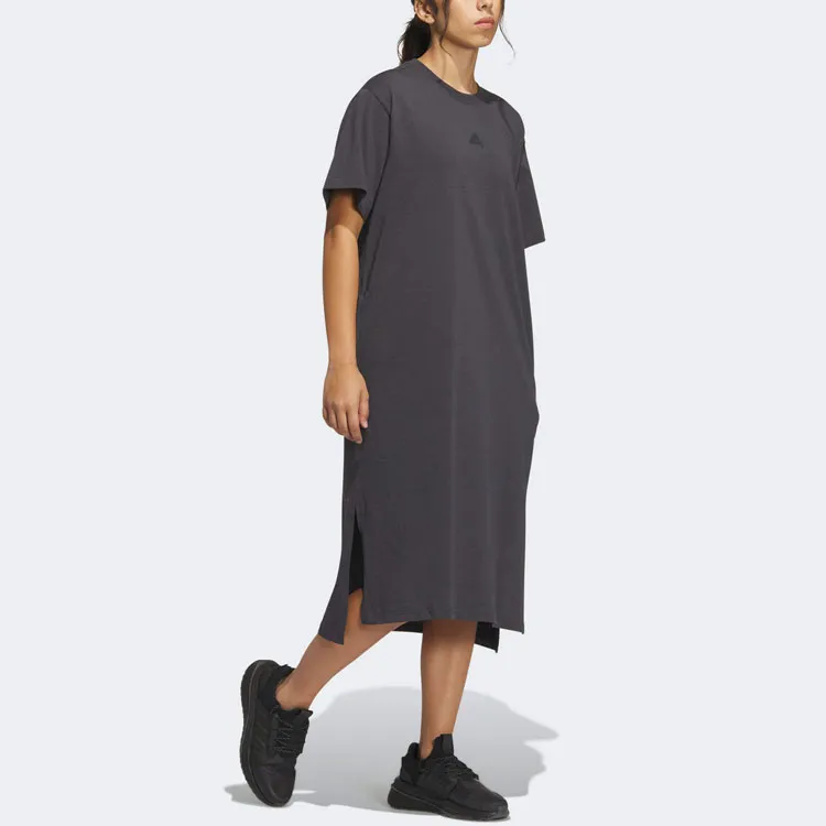 Adidas Wording Short Sleeved Dresses Women's Gray-1