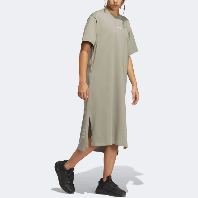 Adidas Wording Short Sleeved Dress Women's Green-2