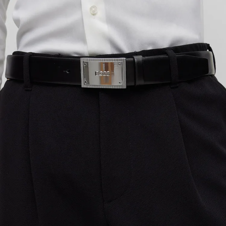 HUGO BOSS Brand Logo Plaque Smooth Buckle Leather Belts Men's Black Width  3.5cm-1