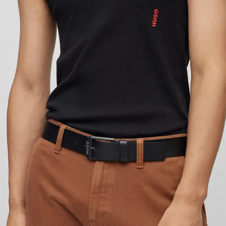 HUGO BOSS Letter Logo Pin Buckle Leather Belts Men's Black Width 4CM-1