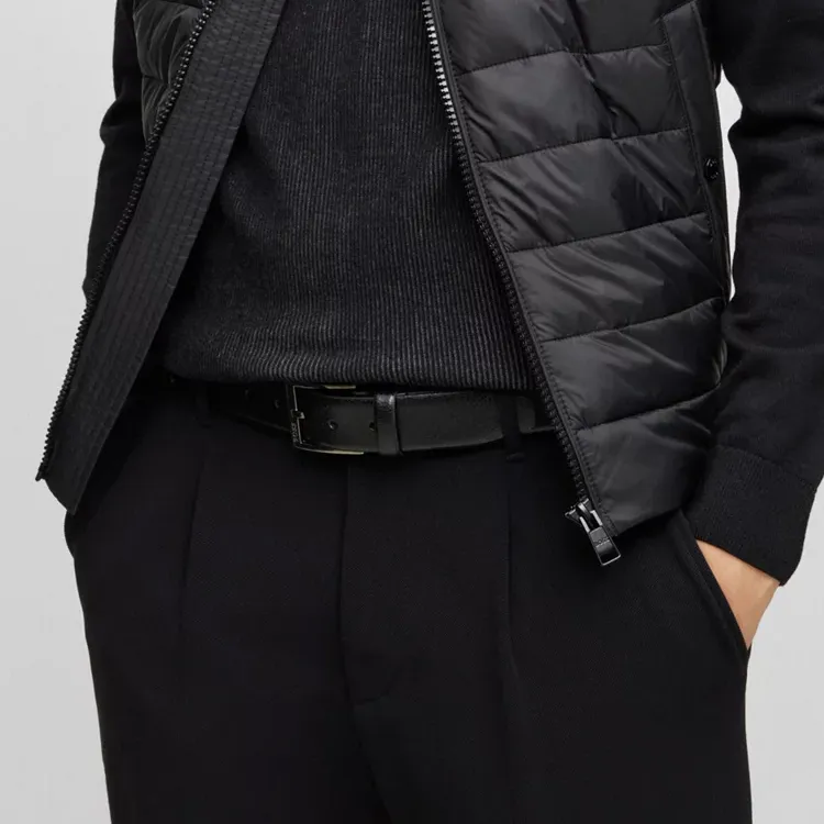 HUGO BOSS Grained Letter Logo Badge Pin Buckle Leather Belts Men's Black Width 3.5CM-2