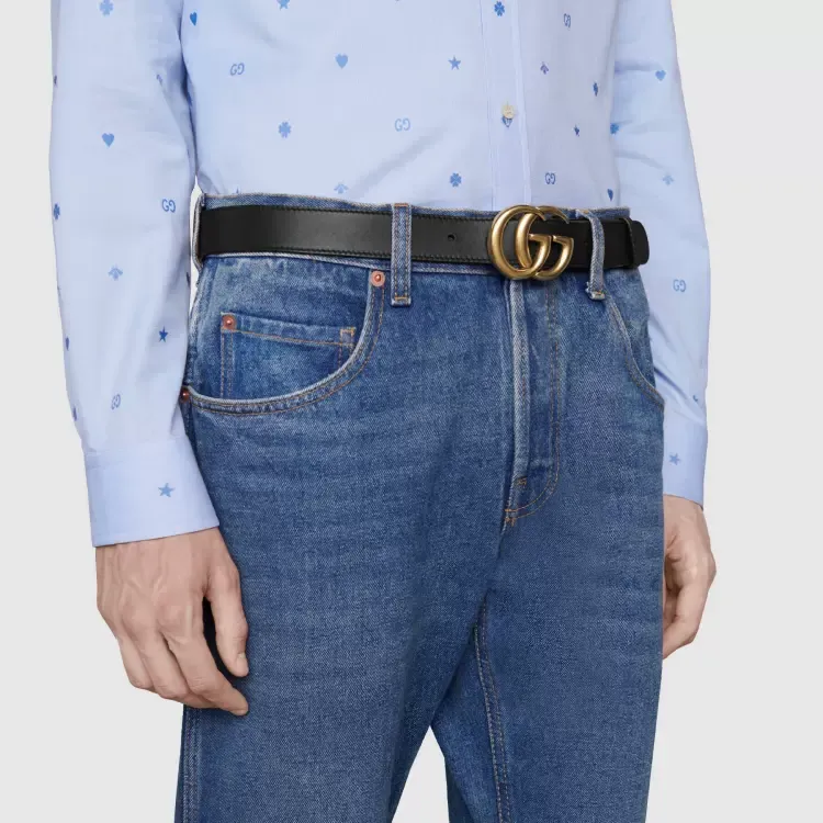 GUCCI Double G Smooth Buckle Leather Belts Men's Black Width: 3CM-1