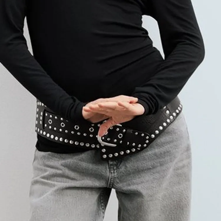 ZARA Stud Design Cow Leather Leather Belts Women's Black Width: 8CM-2