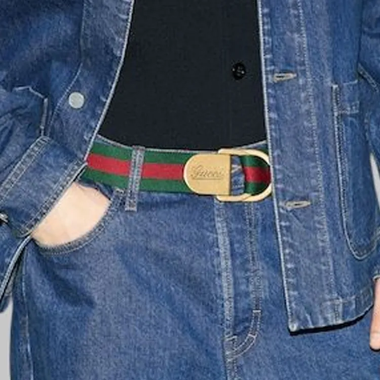 GUCCI Web Logo Engraved Striped Belt-3