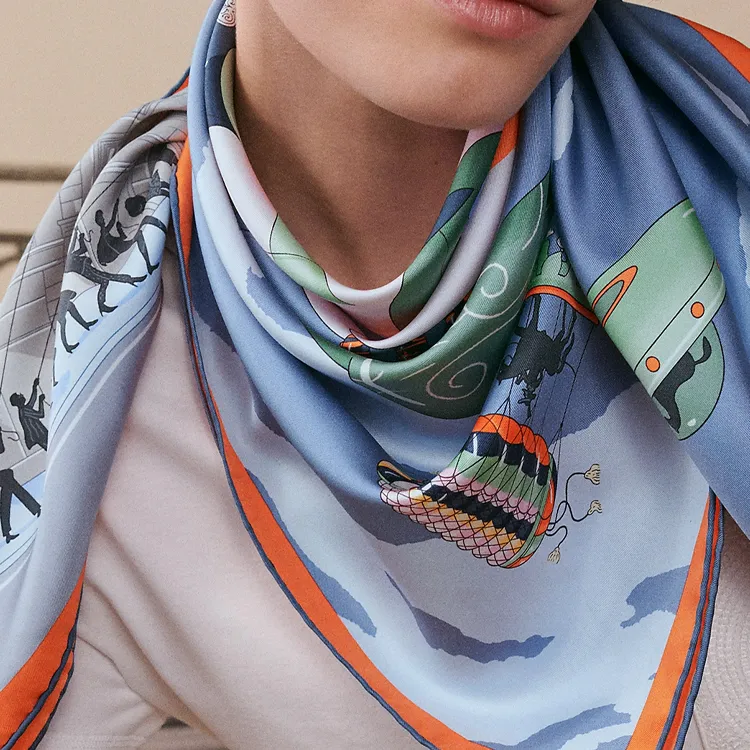 HERMES Silk Scarves Women's Gray/Blue/Orange-1