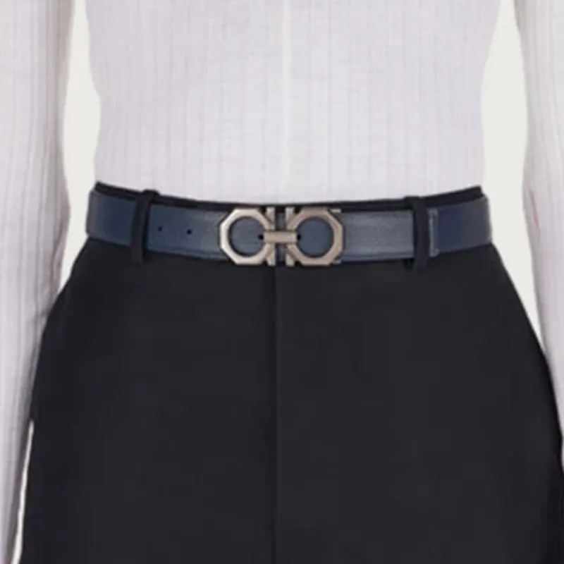 FERRAGAMO Double Sided Adjustable Design Cow Leather Belts Men's Blue Width 3.2CM-3