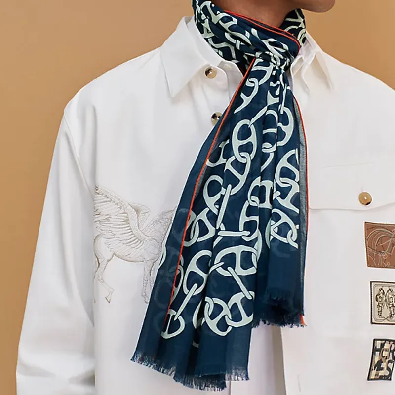 HERMES Cotton Knit Scarves Men's Blue-1