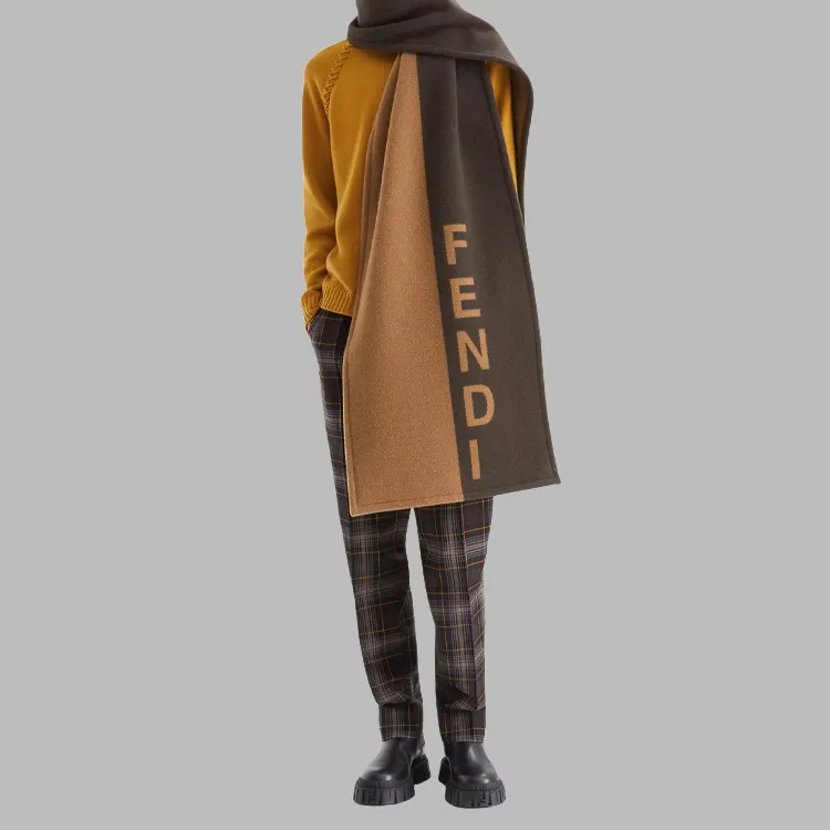 FENDI Cashmere Knit Scarves Men's Light Brown/Dark Brown-2