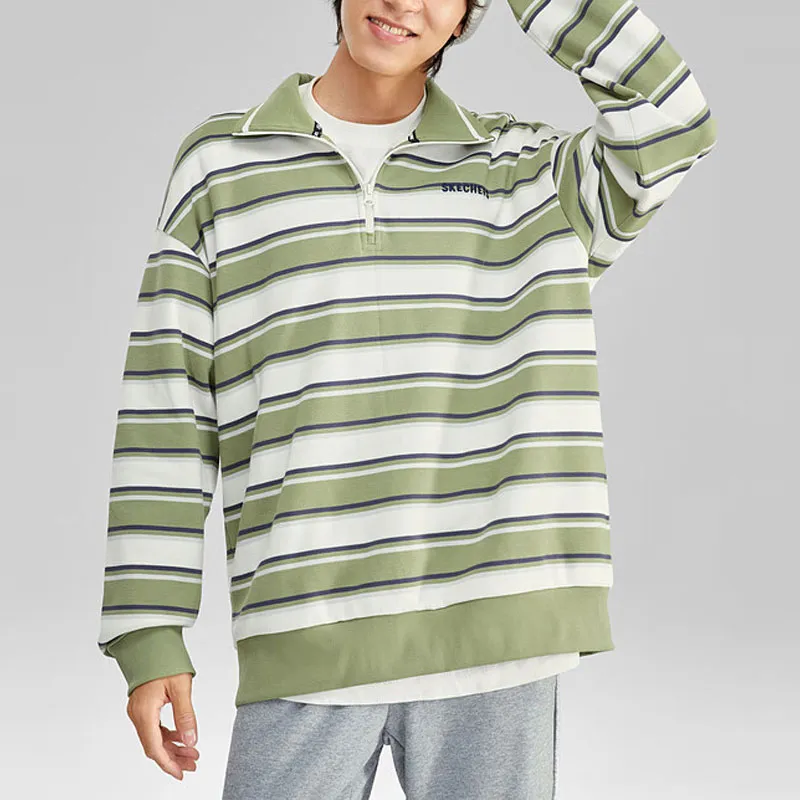 Skechers Colorful Sweatshirt Unisex Oil Green White Mixed Color Stripes-2