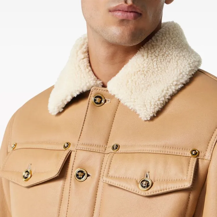 VERSACE Shearling-collar Panelled Leather Jacket-4