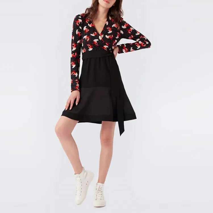 DVF Diane Von Furstenberg Long Sleeved Dress Women's Black Red-2