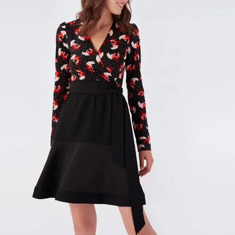 DVF Diane Von Furstenberg Long Sleeved Dress Women's Black Red-5