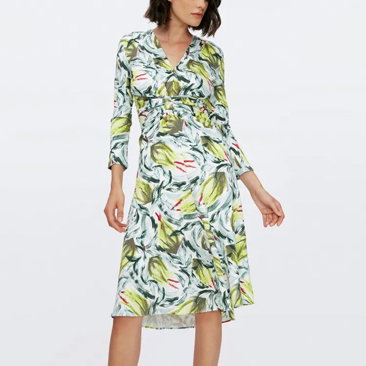 DVF Diane Von Furstenberg SS24 Long-Sleeved Dresses Women's Fresh Green Pomegranate Dance Pattern-2