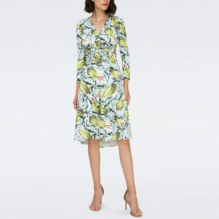 DVF Diane Von Furstenberg SS24 Long-Sleeved Dresses Women's Fresh Green Pomegranate Dance Pattern-1