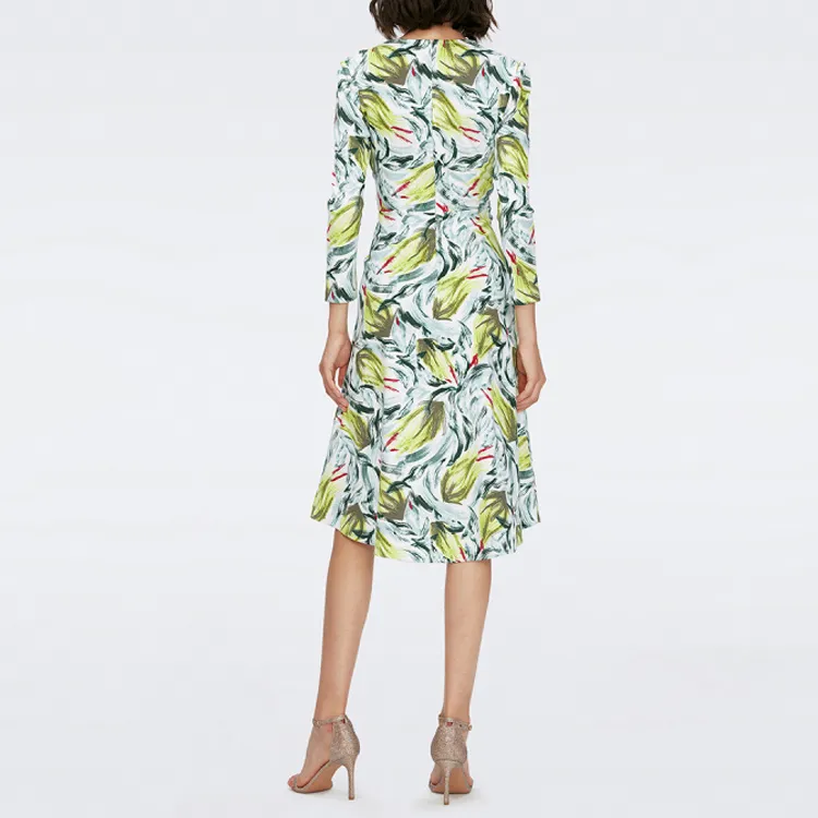 DVF Diane Von Furstenberg SS24 Long-Sleeved Dresses Women's Fresh Green Pomegranate Dance Pattern-3