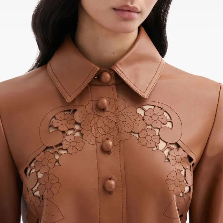 Oscar De La Renta Laser cut Floral Leather Shirt Dress-4