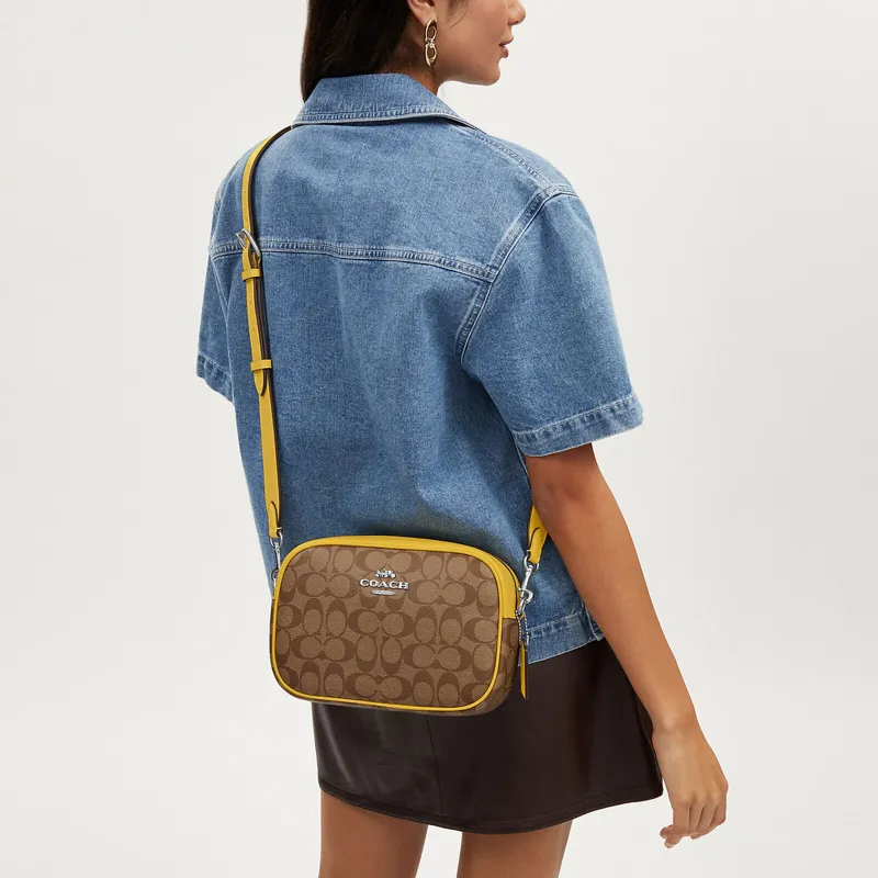 COACH Jamie Canvas With Leather Shoulder Bag, Crossbody Bag Medium Size Women's Silver & Khaki & Vintage Yellow-3