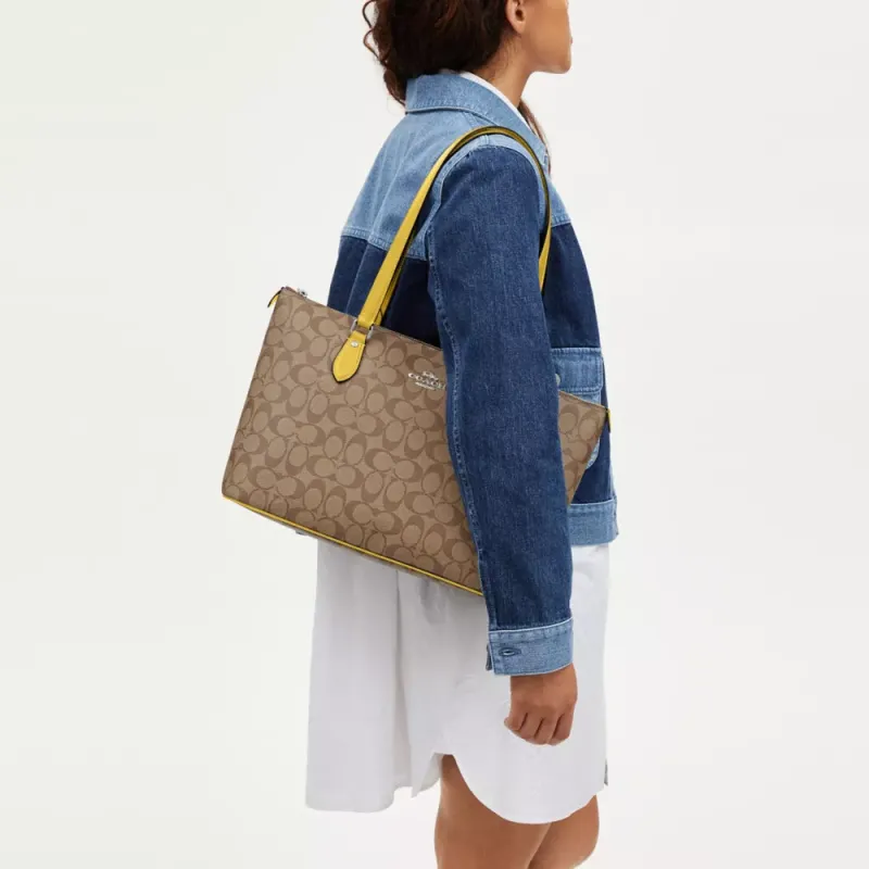 COACH Gallery Canvas With Smooth Leather Tote Bag, Shopping Bag Large Size Women's Silver & Khaki & Vintage Yellow-2