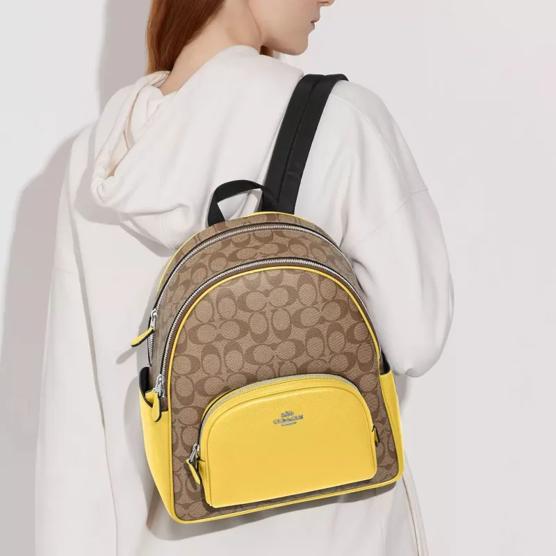 COACH Court Canvas With Refined Pebbled Leather Backpack Medium Size Women's Silver & Khaki & Vintage Yellow-2