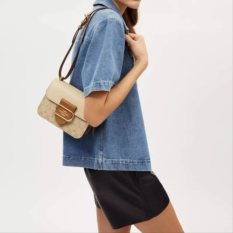 COACH MorganSquare Coated Canvas Shoulder Bag Crossbody Bag Small Size Women's Light Khaki & Khaki-4