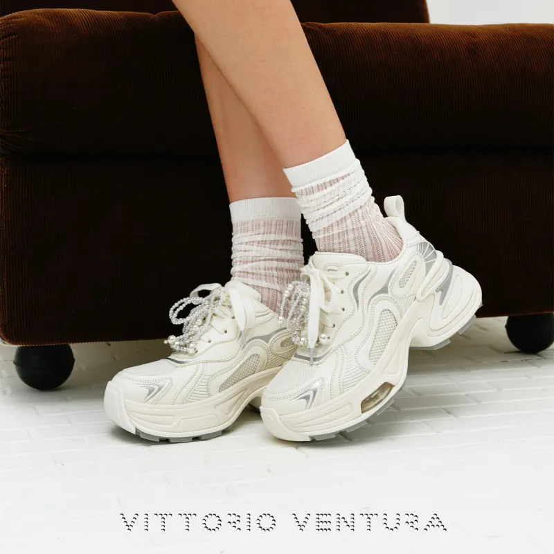 VITTORIO VENTURA Low Top Chunky Sneakers Women's White Silver-5