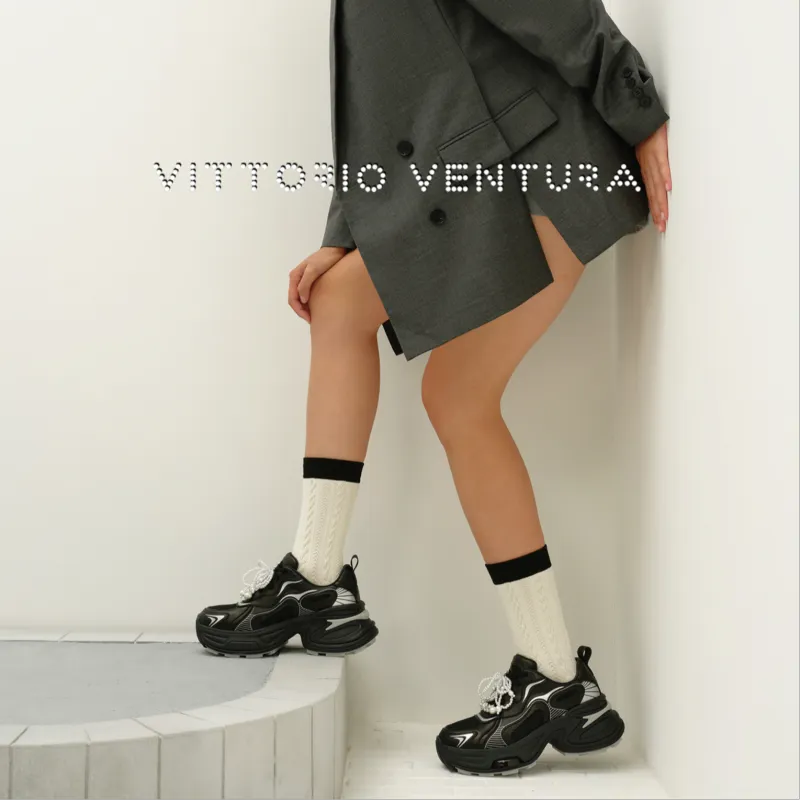 VITTORIO VENTURA Wear Resistant Low Top Chunky Sneakers Women's Black Silver-5