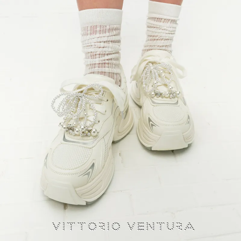 VITTORIO VENTURA Low Top Chunky Sneakers Women's White Silver-4