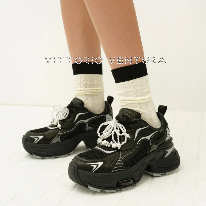 VITTORIO VENTURA Wear Resistant Low Top Chunky Sneakers Women's Black Silver-4