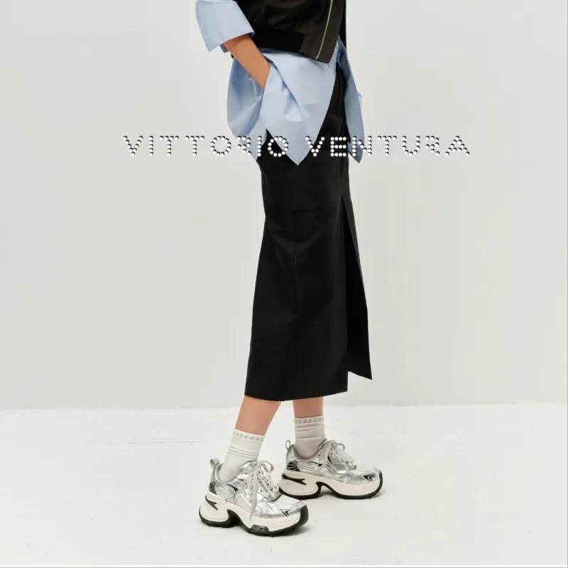 VITTORIO VENTURA Low Top Chunky Sneakers Women's Silver Black White-5