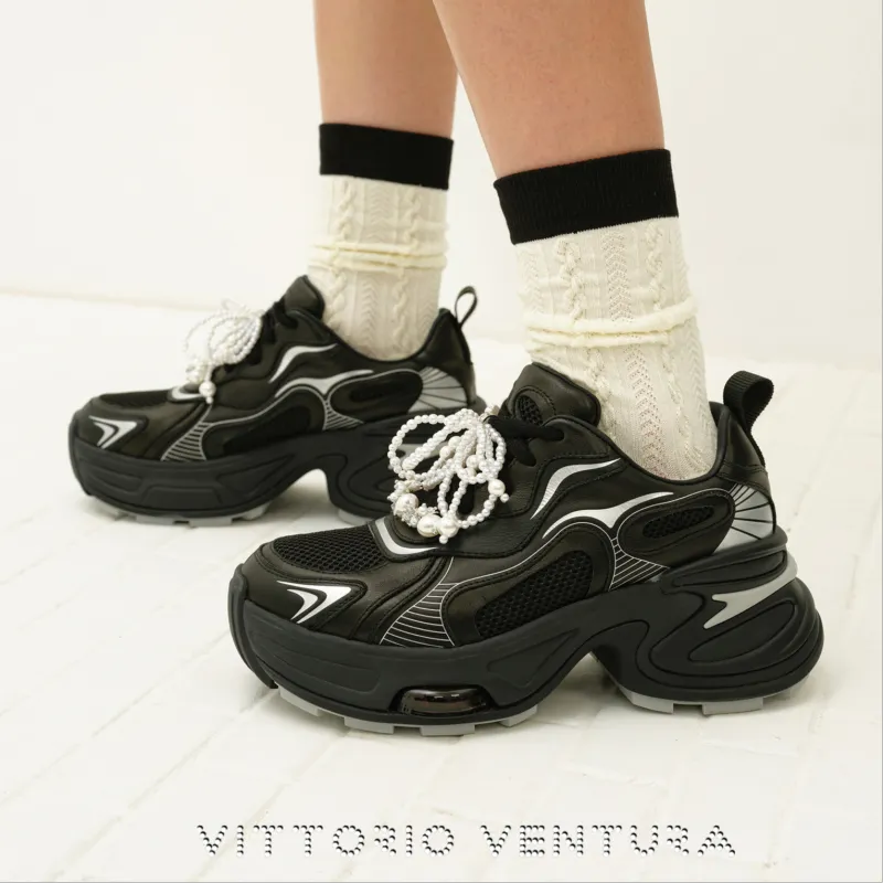 VITTORIO VENTURA Wear Resistant Low Top Chunky Sneakers Women's Black Silver-3