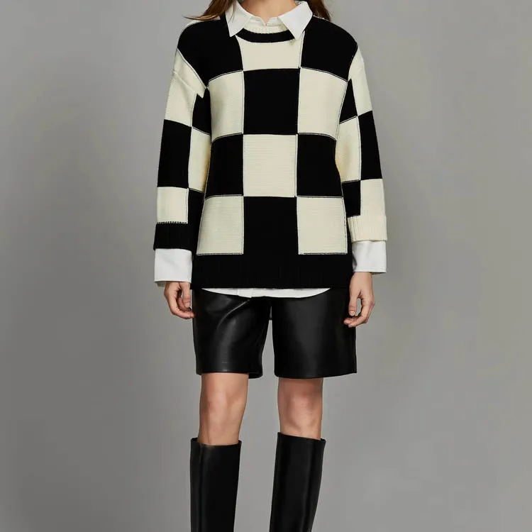 ELLE Knitwear Women's Black White Plaid-2