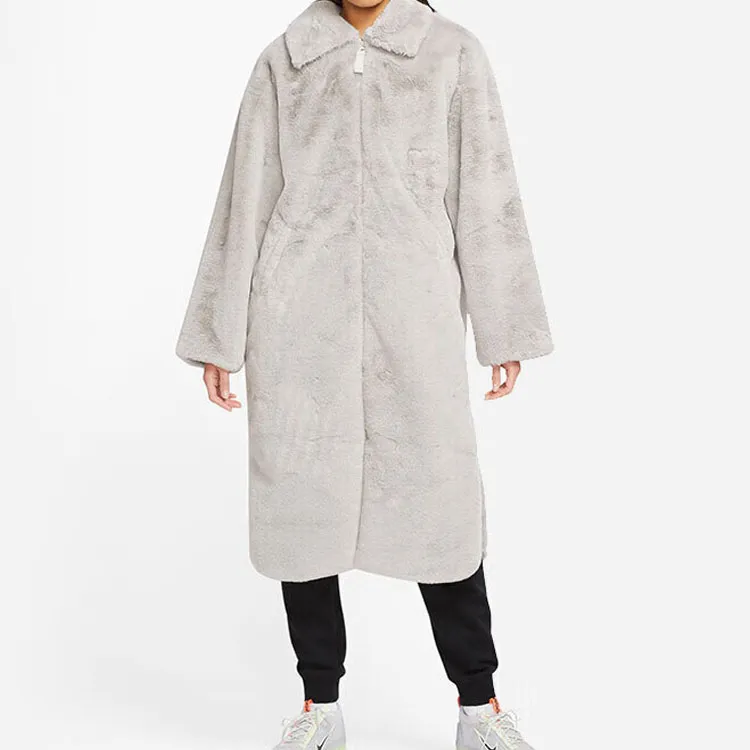 Nike Women's Faux Fur Long Jacket Asia Sizing Light Bone-5
