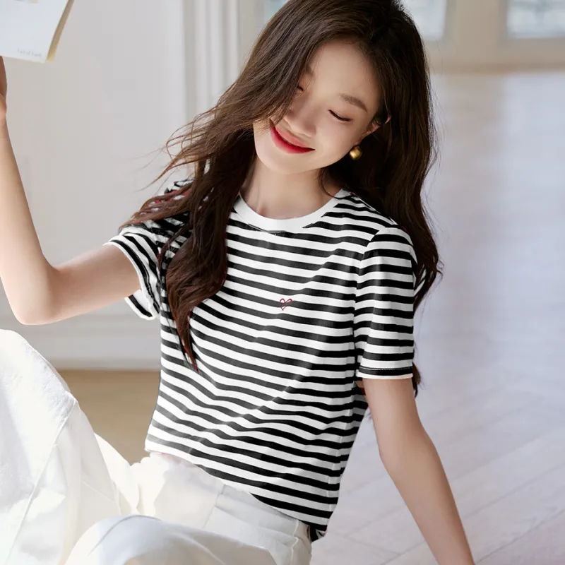 Mo Han Yi Mei T Shirt Women's Black White Stripes-3