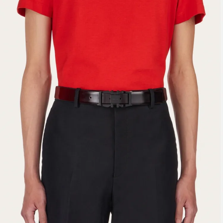 FERRAGAMO Geometric Styling Gancio Buckle With Smooth Surface Leather Belts Men's Red Width: 3.2CM-2