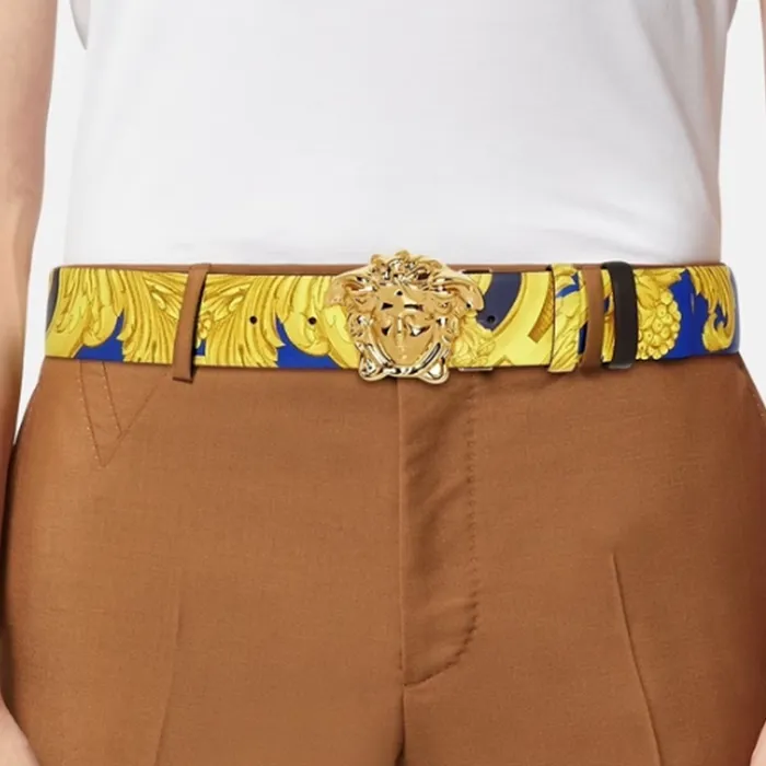 VERSACE Patterned Print Smooth Buckle Leather Belts Men's Yellow-2