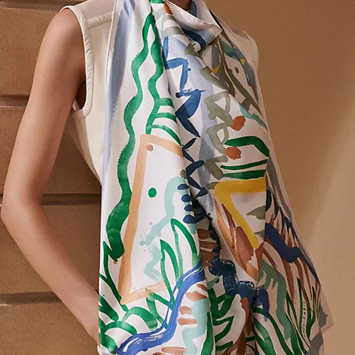 HERMES Silk Scarves Women's Green/Blue-1